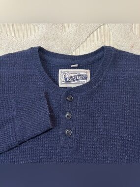 Schott Bros Henley Waffle Knit Thermal Pullover Sweater Mens M Blue Long Sleeve